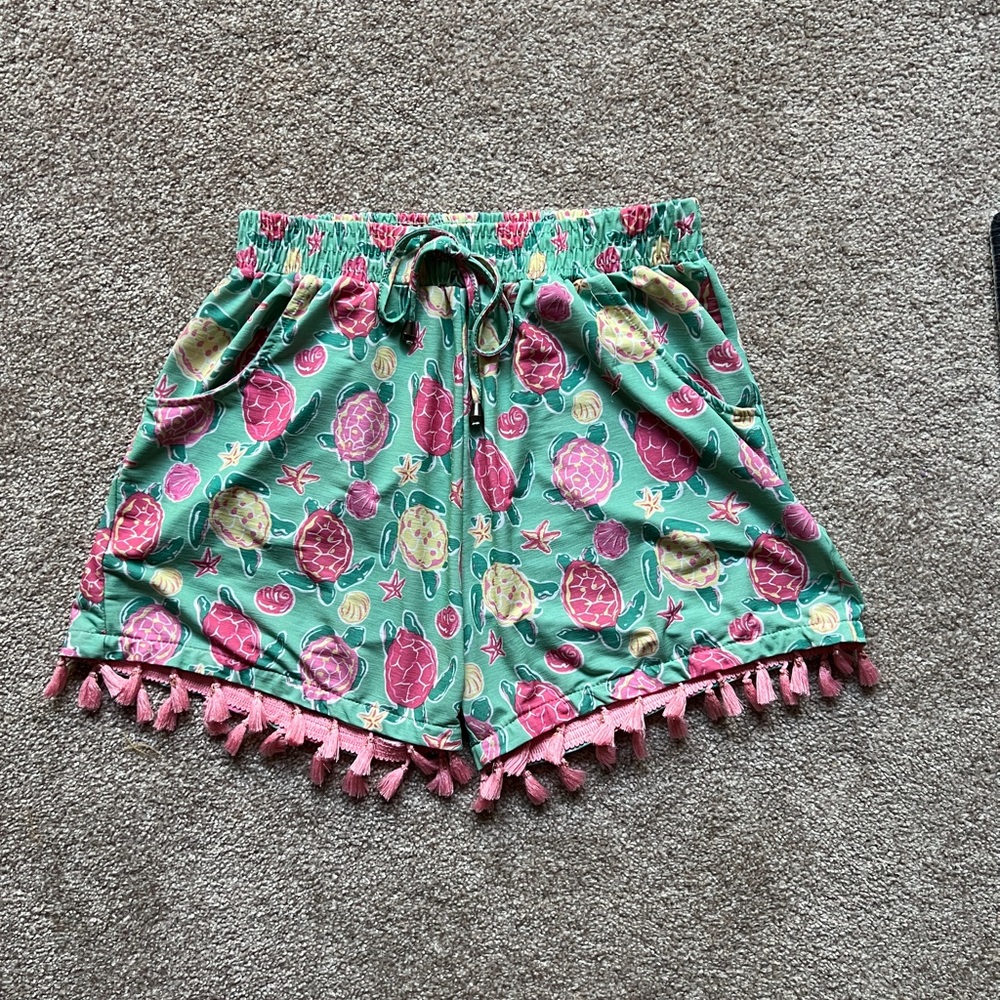 Simply Southern Green Shorts Turtle Print Tassels
